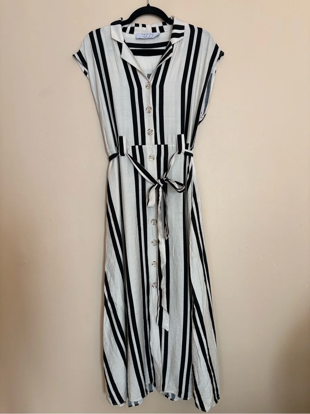 Primark Black White Vertical Stripe Button Front Belted Collared Maxi Dress - Picture 1 of 10